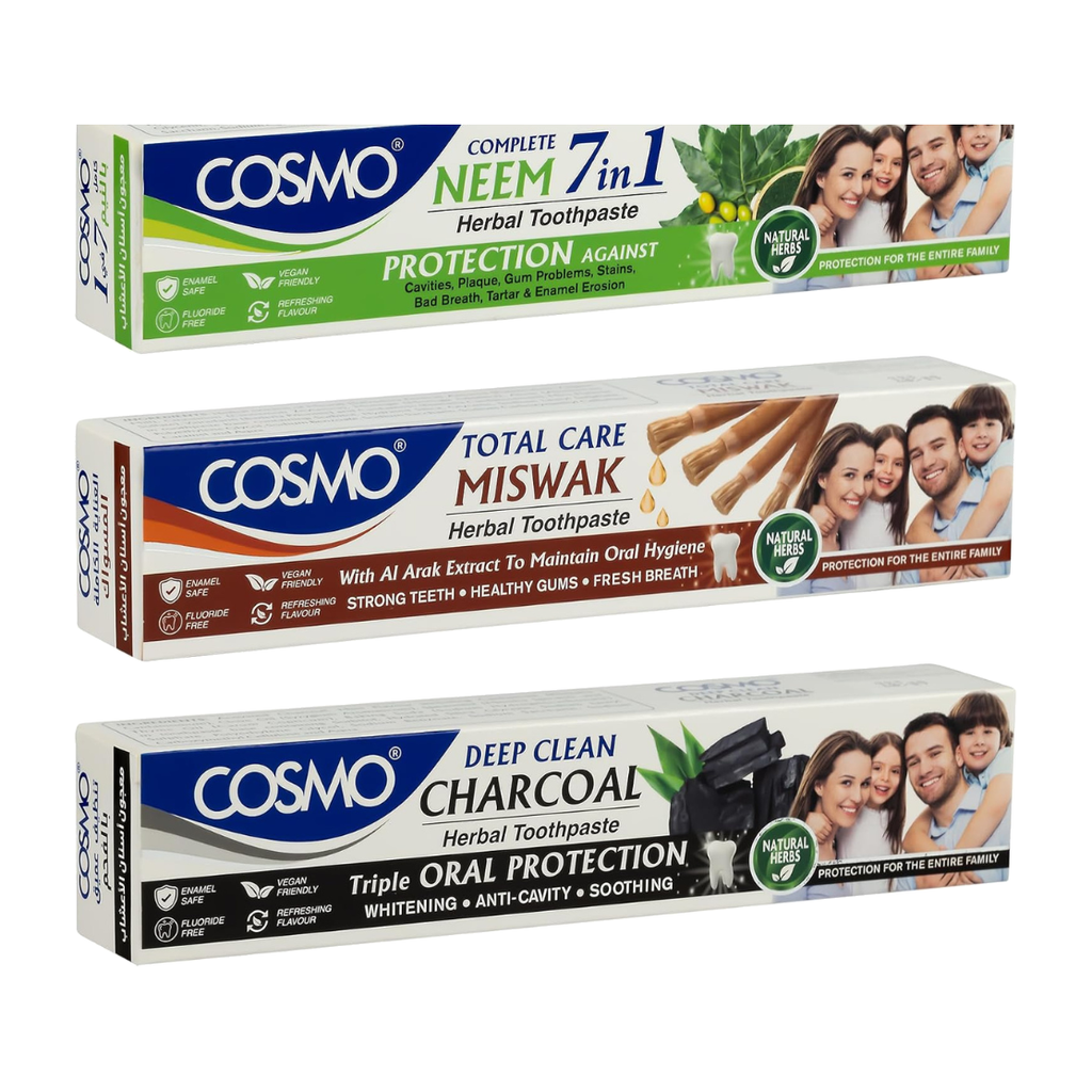 Cosmo Herbal Toothpaste 3-variant range on white background