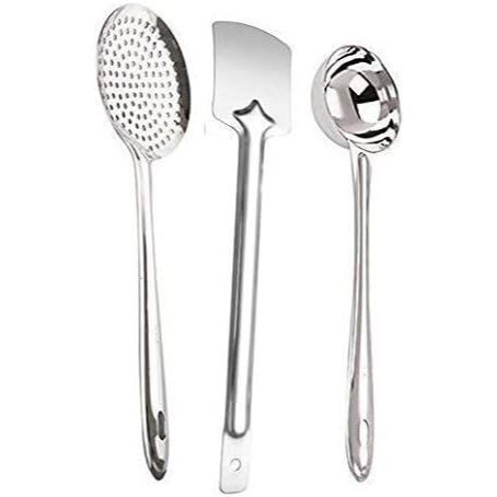 Three stainless steel kitchen utensils on a white background